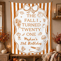 Personalized Fall 21st Birthday Silk Banner with Custom Name and Age Cozy Autumn Party Decoration Burnt Orange Design with Bow and Frame