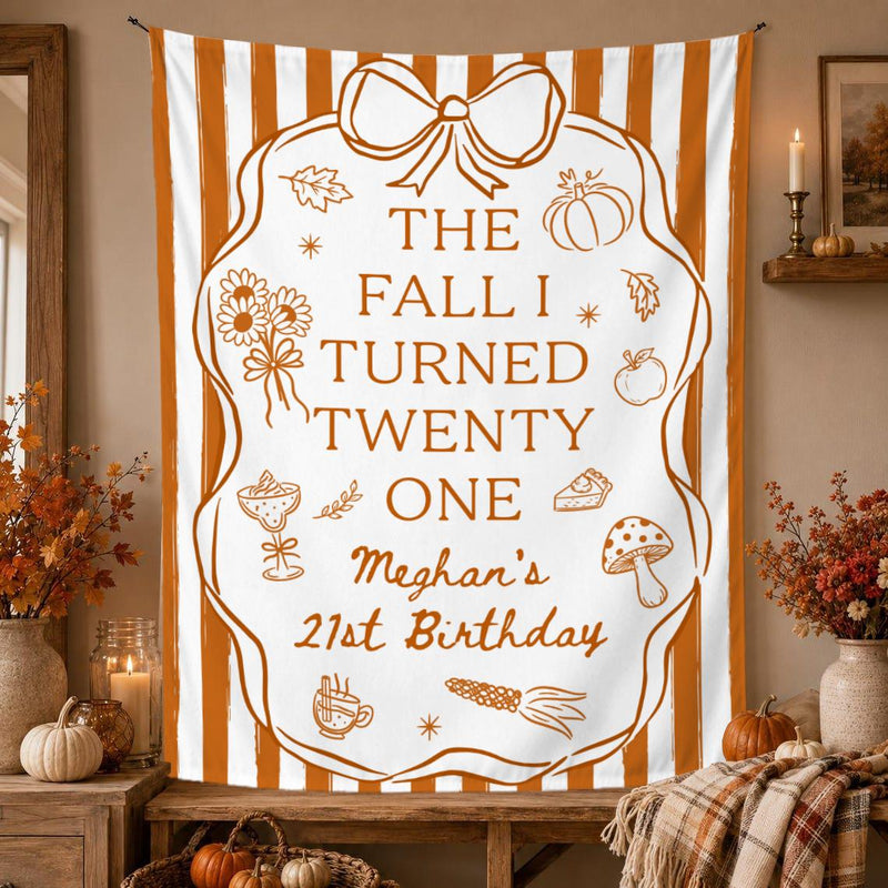 Personalized Fall 21st Birthday Silk Banner with Custom Name and Age Cozy Autumn Party Decoration Burnt Orange Design with Bow and Frame