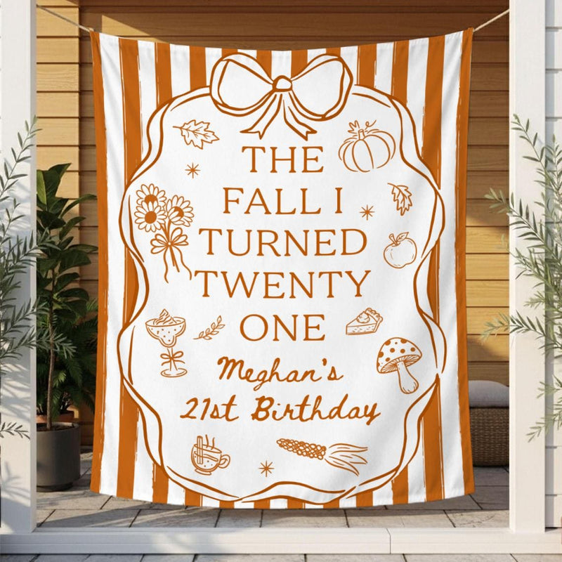 Personalized Fall 21st Birthday Silk Banner with Custom Name and Age Cozy Autumn Party Decoration Burnt Orange Design with Bow and Frame
