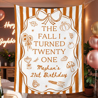 Personalized Fall 21st Birthday Silk Banner with Custom Name and Age Cozy Autumn Party Decoration Burnt Orange Design with Bow and Frame