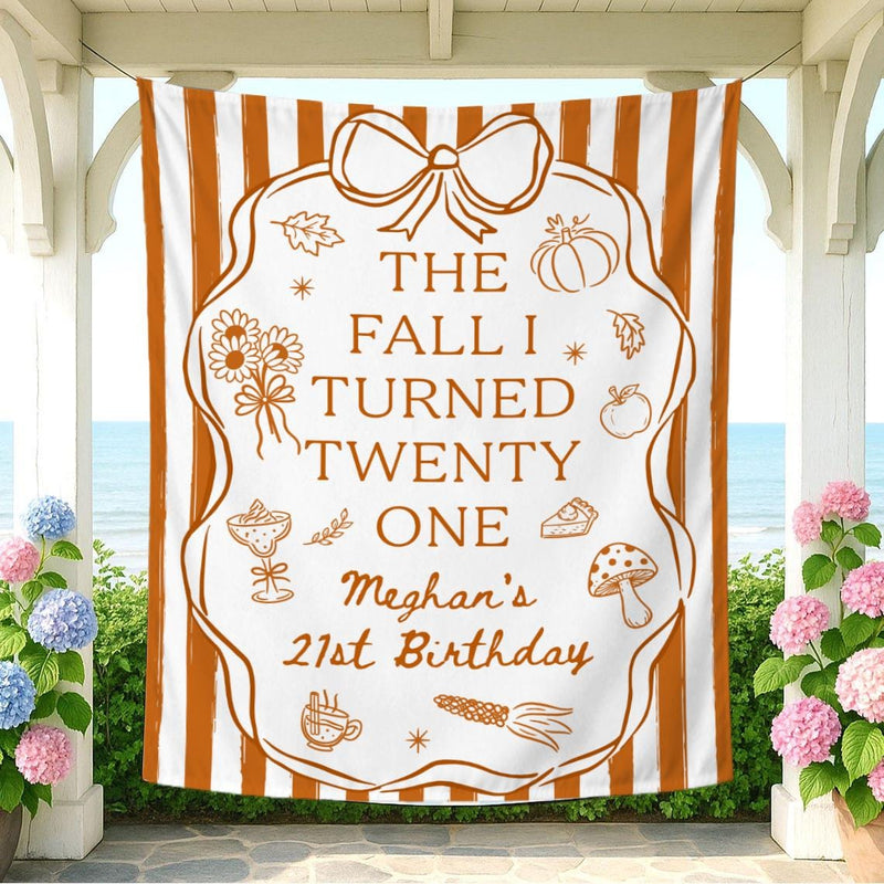 Personalized Fall 21st Birthday Silk Banner with Custom Name and Age Cozy Autumn Party Decoration Burnt Orange Design with Bow and Frame