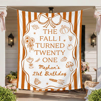 Personalized Fall 21st Birthday Silk Banner with Custom Name and Age Cozy Autumn Party Decoration Burnt Orange Design with Bow and Frame