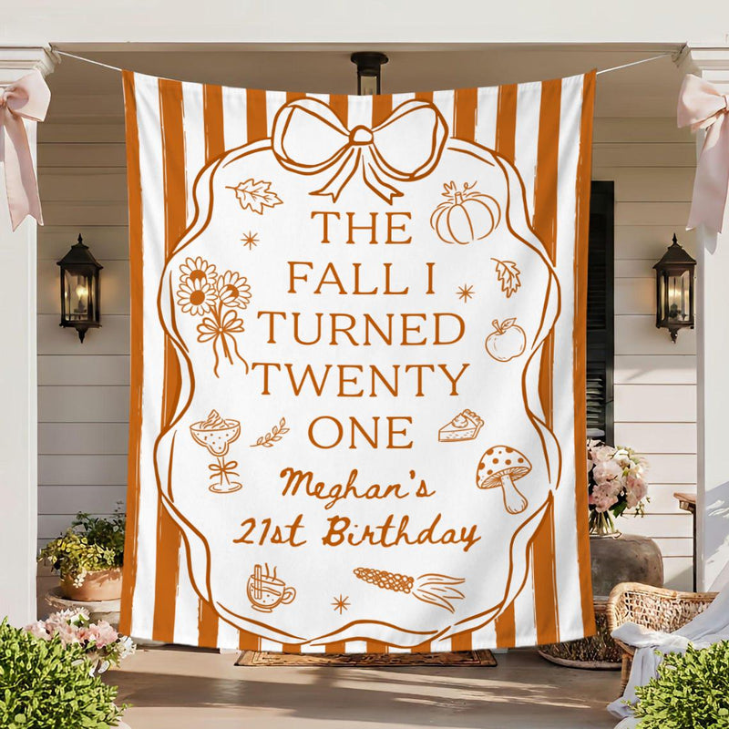 Personalized Fall 21st Birthday Silk Banner with Custom Name and Age Cozy Autumn Party Decoration Burnt Orange Design with Bow and Frame