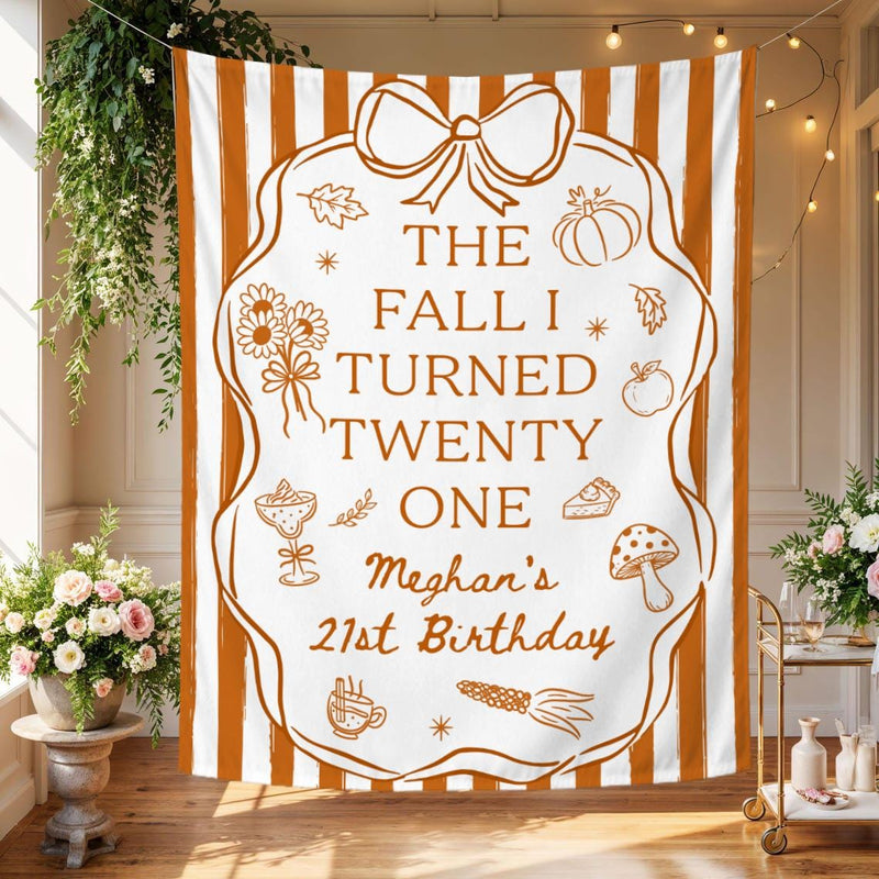 Personalized Fall 21st Birthday Silk Banner with Custom Name and Age Cozy Autumn Party Decoration Burnt Orange Design with Bow and Frame