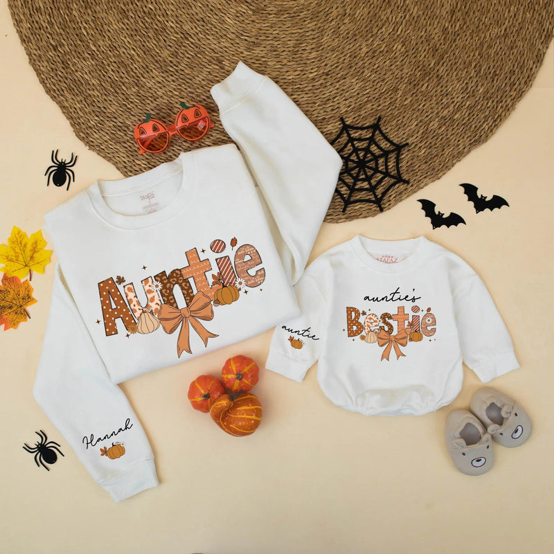 Personalized Fall Auntie and Bestie Sweatshirt Cozy Thanksgiving Family Matching Pumpkin Season Gift Cotton Warm Design