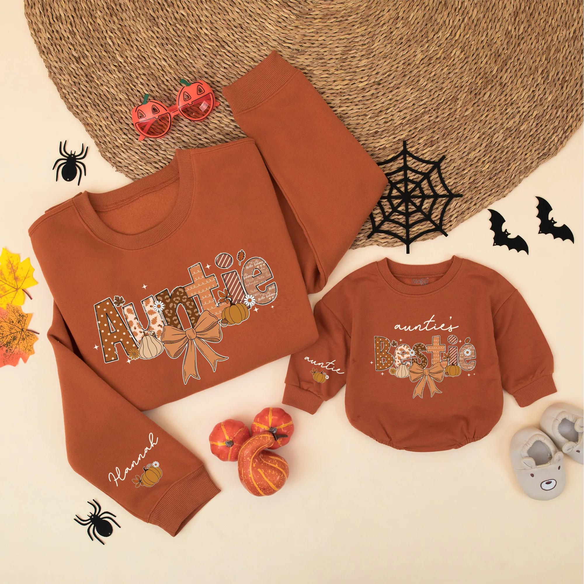 Personalized Fall Auntie and Bestie Sweatshirt Cozy Thanksgiving Family Matching Pumpkin Season Gift Cotton Warm Design