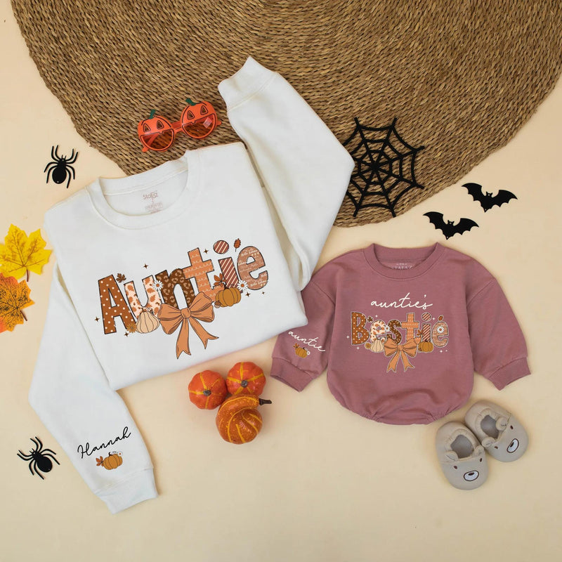 Personalized Fall Auntie and Bestie Sweatshirt Cozy Thanksgiving Family Matching Pumpkin Season Gift Cotton Warm Design