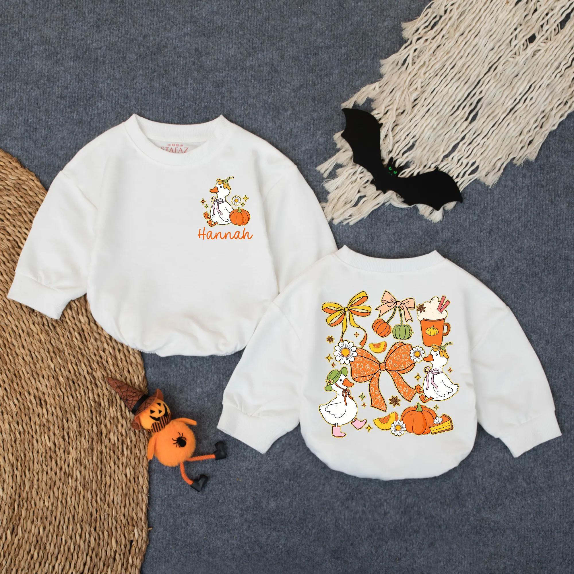 Personalized Fall Baby Romper with Hannah Goose Pumpkin Design Holiday Outfit for Baby Girl's First Thanksgiving in Soft Cotton