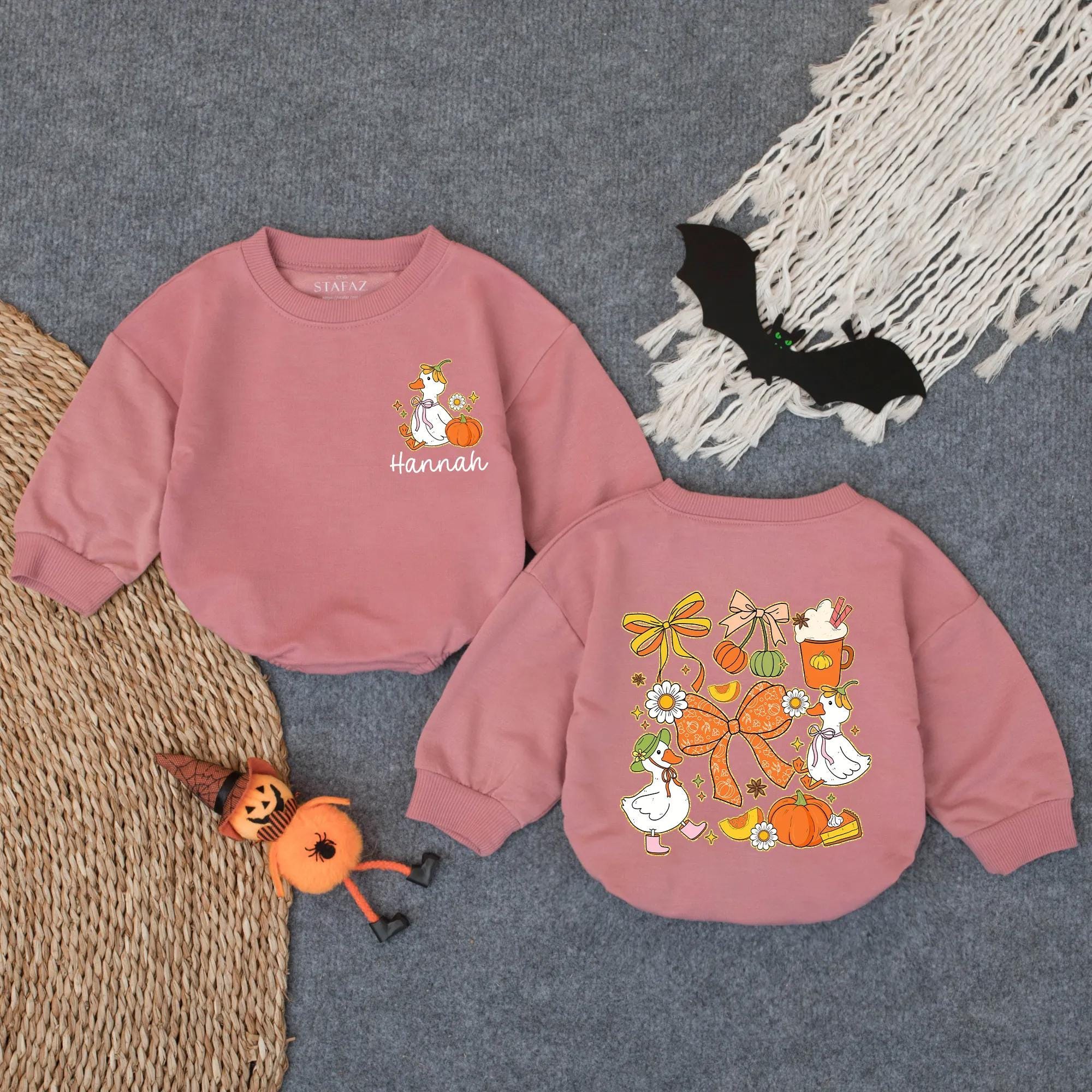 Personalized Fall Baby Romper with Hannah Goose Pumpkin Design Holiday Outfit for Baby Girl's First Thanksgiving in Soft Cotton