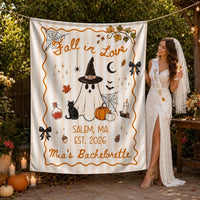 Personalized Fall in Love Halloween Silk Banner with Ghost, Witch Hat, Pumpkins, Custom Bride Name & Location for Bachelorette Party