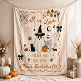 Personalized Fall in Love Halloween Silk Banner with Ghost, Witch Hat, Pumpkins, Custom Bride Name & Location for Bachelorette Party