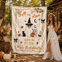 Personalized Fall in Love Halloween Silk Banner with Ghost, Witch Hat, Pumpkins, Custom Bride Name & Location for Bachelorette Party