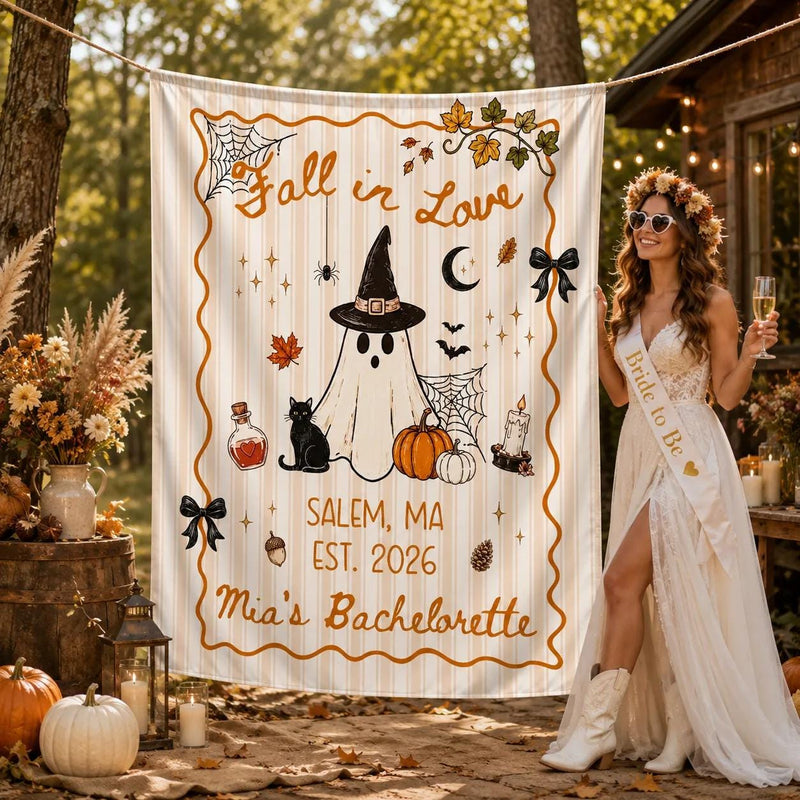 Personalized Fall in Love Halloween Silk Banner with Ghost, Witch Hat, Pumpkins, Custom Bride Name & Location for Bachelorette Party