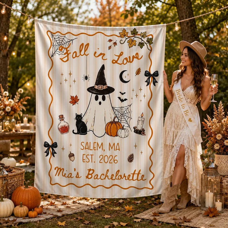 Personalized Fall in Love Halloween Silk Banner with Ghost, Witch Hat, Pumpkins, Custom Bride Name & Location for Bachelorette Party