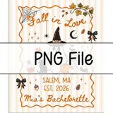 Personalized Fall in Love Halloween Silk Banner with Ghost, Witch Hat, Pumpkins, Custom Bride Name & Location for Bachelorette Party