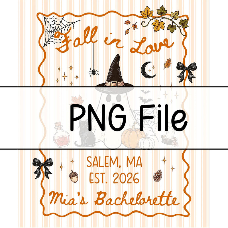 Personalized Fall in Love Halloween Silk Banner with Ghost, Witch Hat, Pumpkins, Custom Bride Name & Location for Bachelorette Party