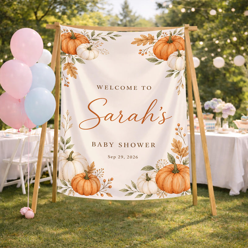 Personalized Fall Pumpkin Baby Shower Welcome Sign Silk Banner for Autumn Celebration Baby Girl Boy Nursery Decor