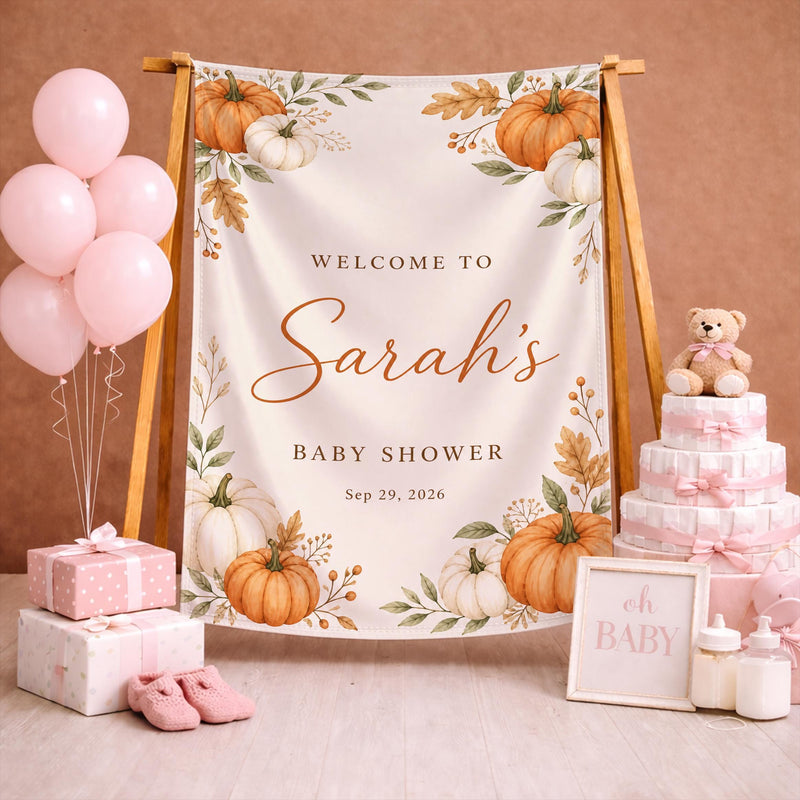 Personalized Fall Pumpkin Baby Shower Welcome Sign Silk Banner for Autumn Celebration Baby Girl Boy Nursery Decor