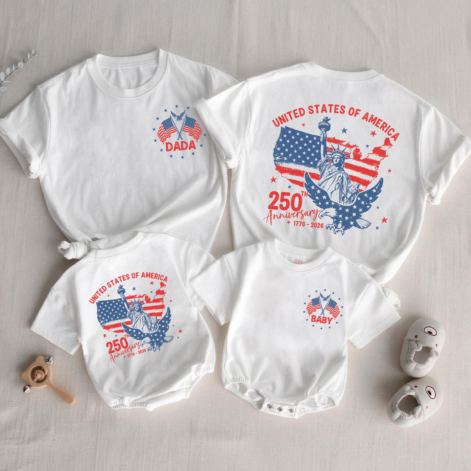 Personalized Family 4th of July Shirts with Statue of Liberty Design, Eagle Graphic, American Flag Map, Custom Names USA 250th Anniversary