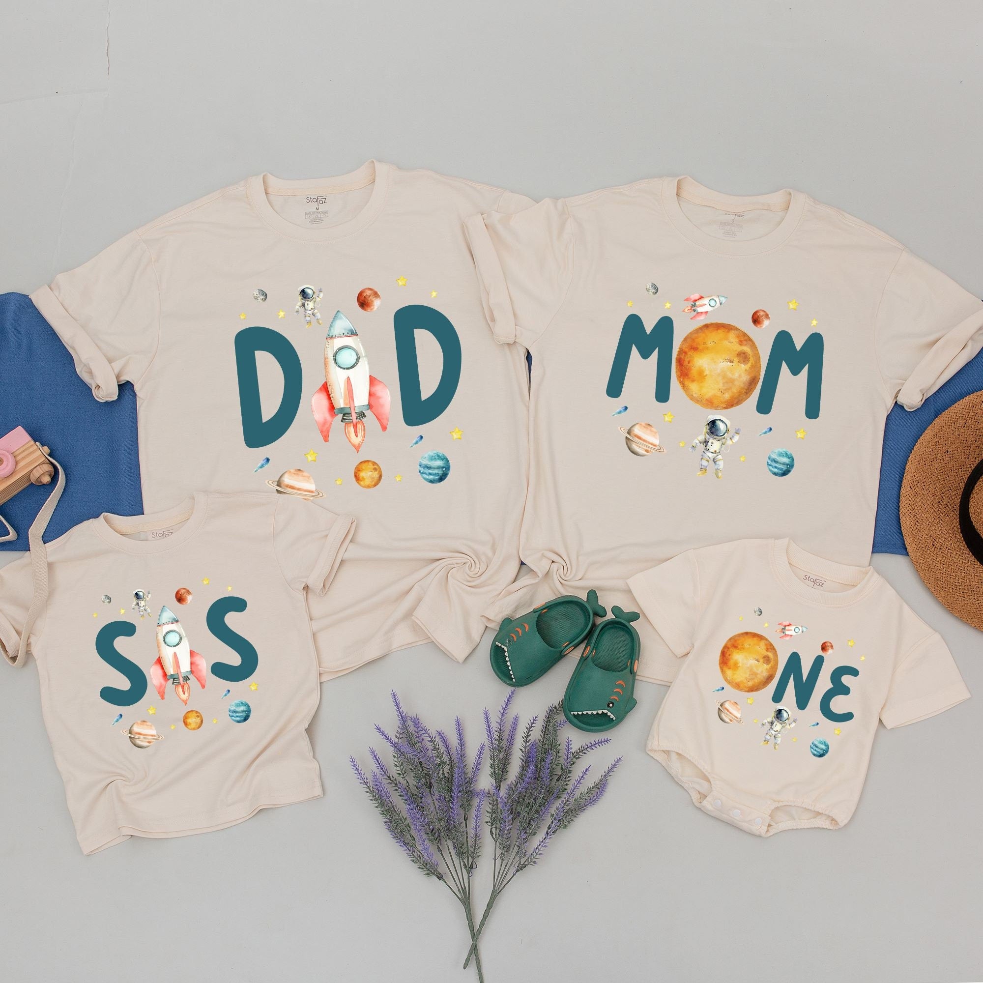 Personalized Family Astronaut Shirts for Birthday Celebrations Custom Names Space Theme with Rockets Planets Stars Vibrant Colors