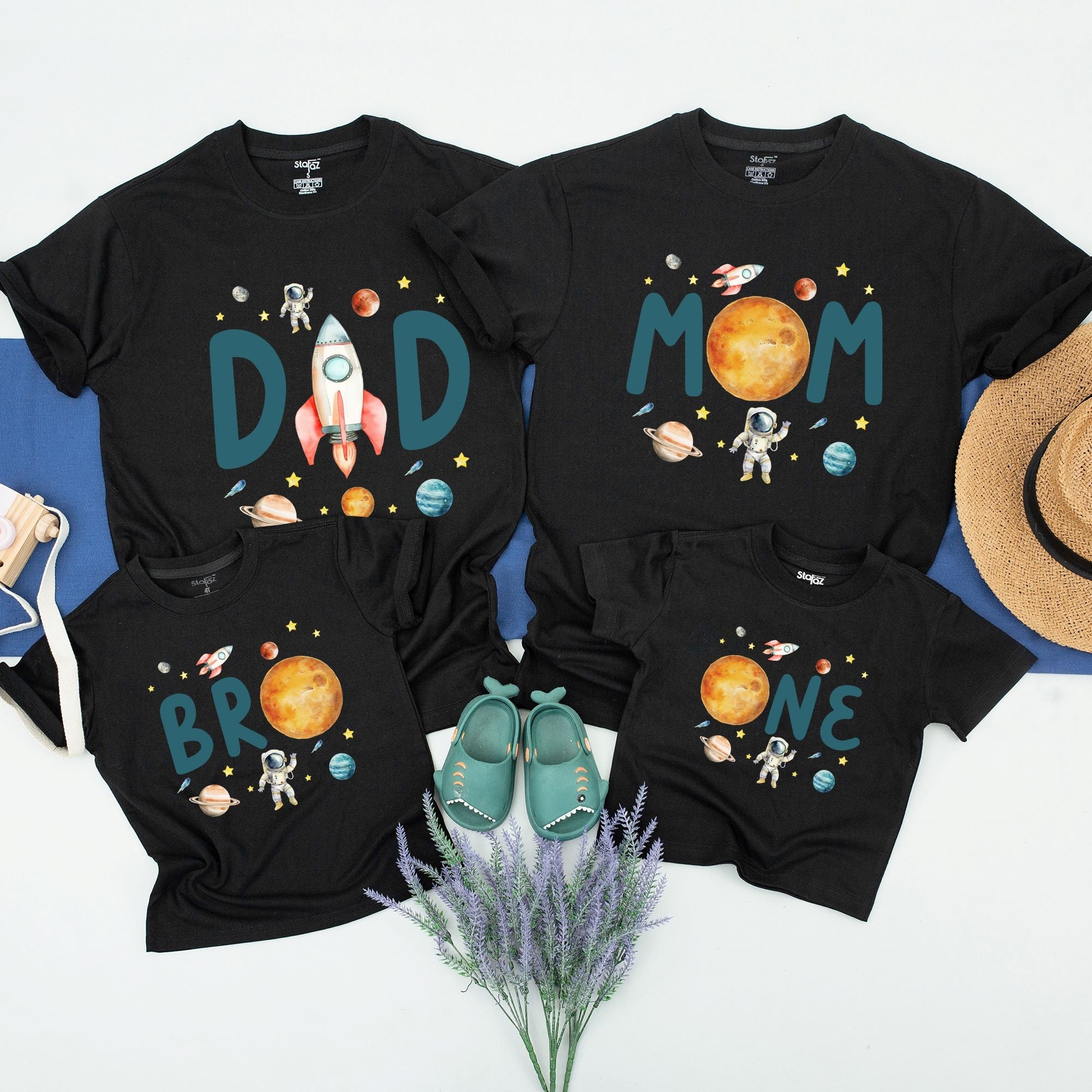 Personalized Family Astronaut Shirts for Birthday Celebrations Custom Names Space Theme with Rockets Planets Stars Vibrant Colors