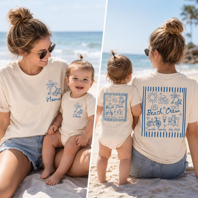 Personalized Family Beach Vacation Shirt with Name and Date Custom Summer Trip Tee Matching Outfit for Mom Dad Baby Beach Crew Design