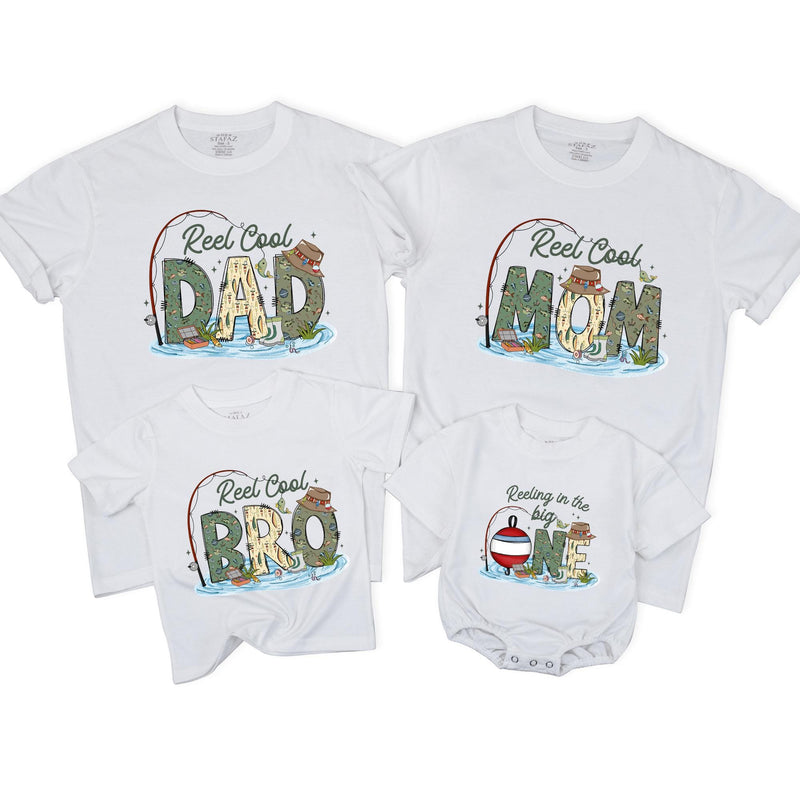 Personalized Family Fishing Shirts Custom 1st Birthday Outfit Reel Cool Mom Dad Tee Infant Reeling in the Big One Party Clothes Gift