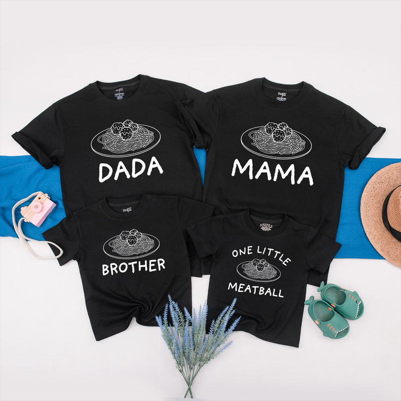 Personalized Family Matching Shirts with Spaghetti and Meatballs Design, Custom Names, Baby First Birthday Outfit Mama Dada Brother