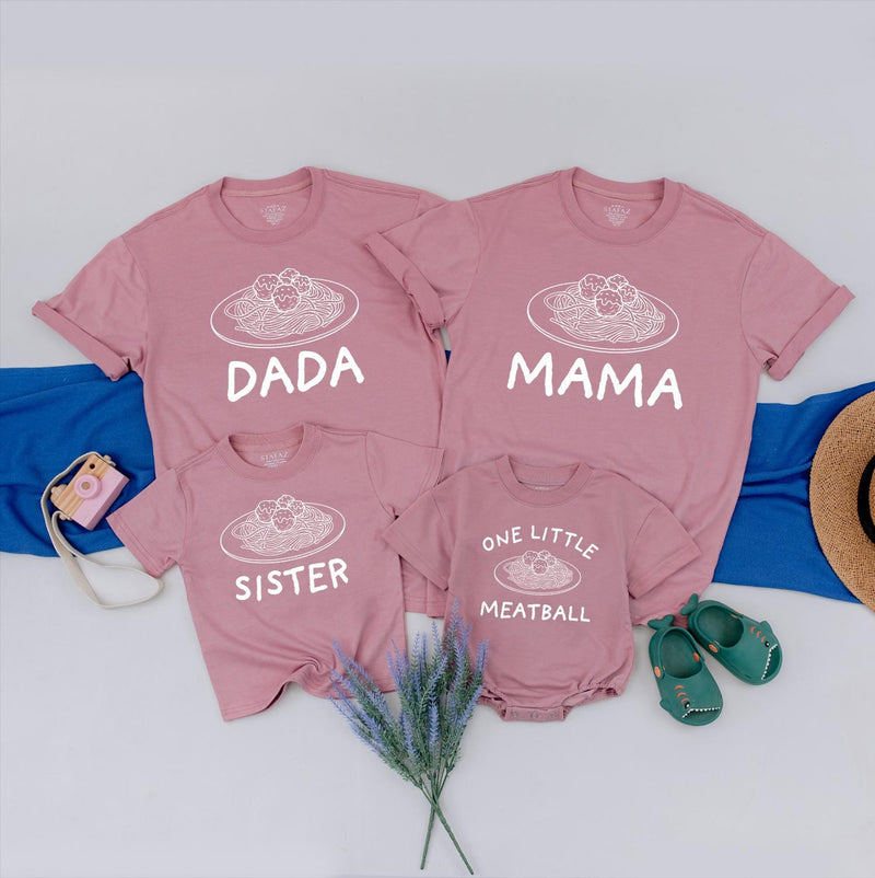 Personalized Family Matching Shirts with Spaghetti and Meatballs Design, Custom Names, Baby First Birthday Outfit Mama Dada Brother