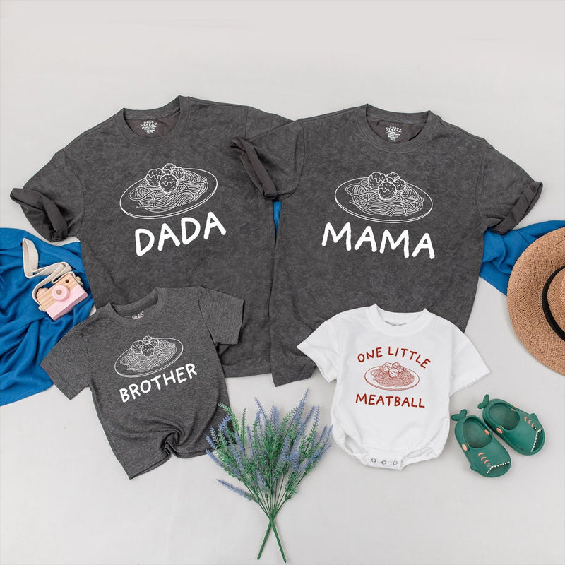 Personalized Family Matching Shirts with Spaghetti and Meatballs Design, Custom Names, Baby First Birthday Outfit Mama Dada Brother