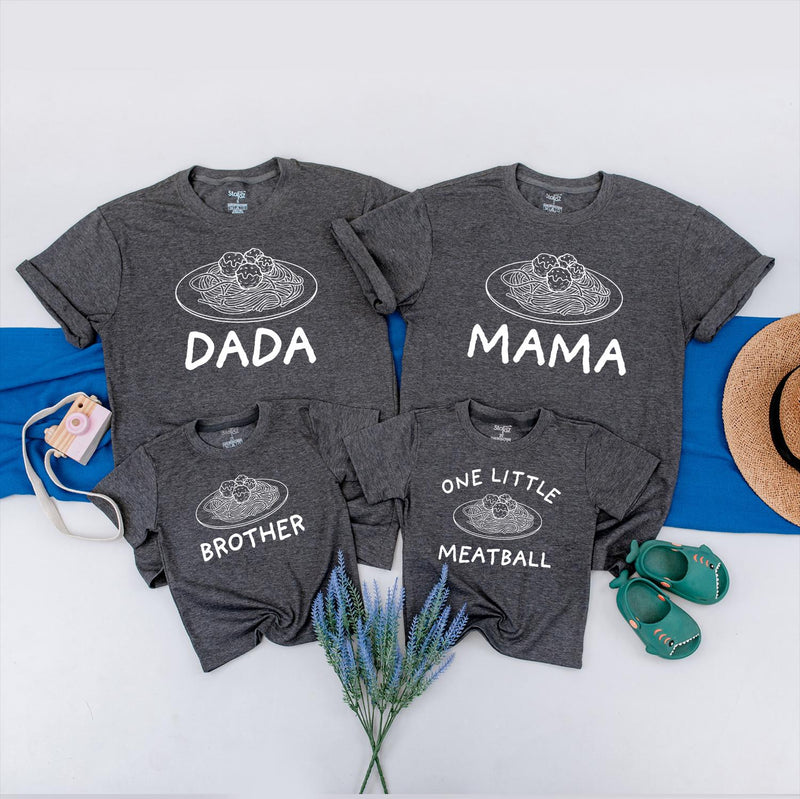 Personalized Family Matching Shirts with Spaghetti and Meatballs Design, Custom Names, Baby First Birthday Outfit Mama Dada Brother