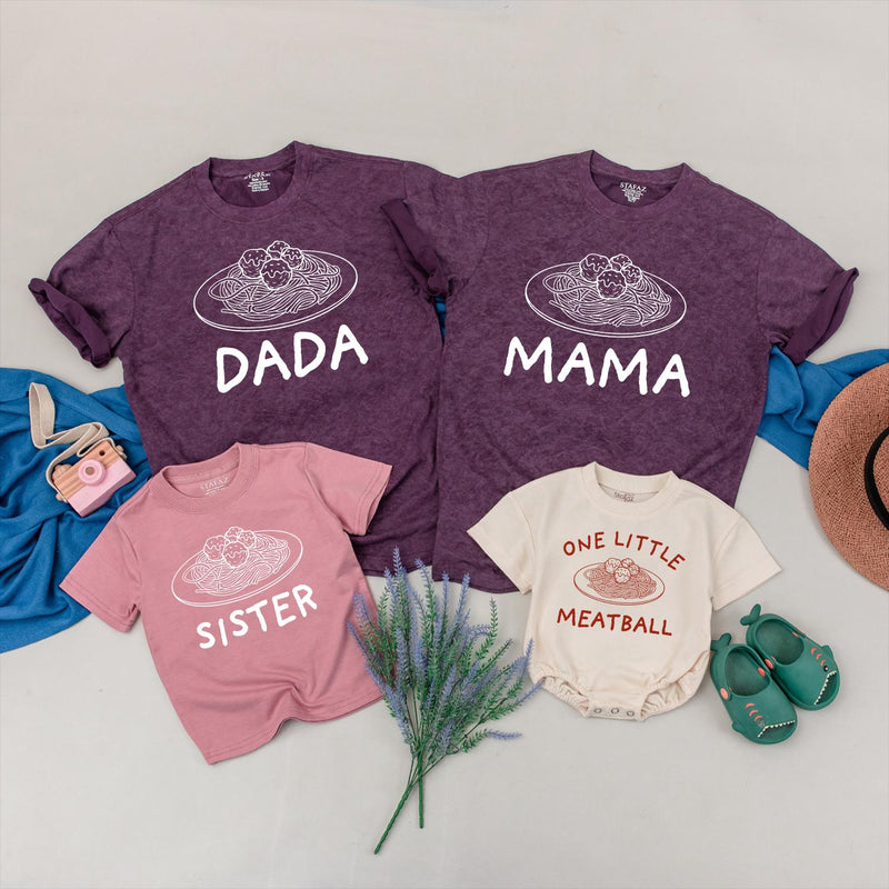 Personalized Family Matching Shirts with Spaghetti and Meatballs Design, Custom Names, Baby First Birthday Outfit Mama Dada Brother