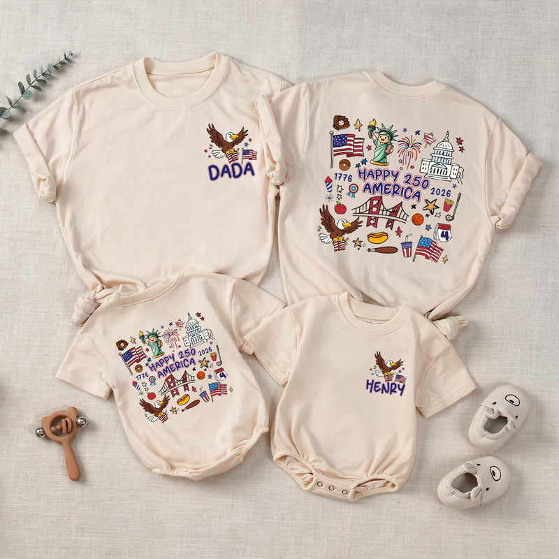 Personalized Family Matching Shirts USA 250th Anniversary Patriotic Design Dada Mama Baby Outfit Cartoon Bald Eagle American Flag Tee