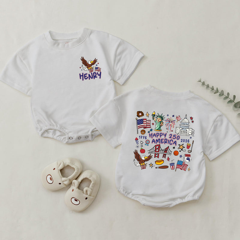 Personalized Family Matching Shirts USA 250th Anniversary Patriotic Design Dada Mama Baby Outfit Cartoon Bald Eagle American Flag Tee