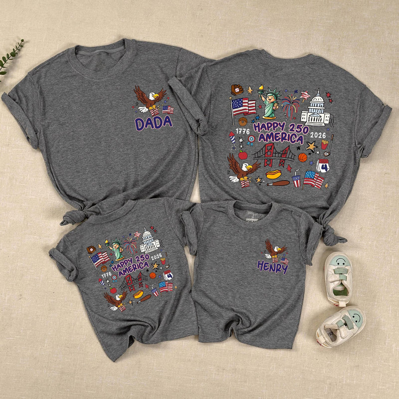Personalized Family Matching Shirts USA 250th Anniversary Patriotic Design Dada Mama Baby Outfit Cartoon Bald Eagle American Flag Tee