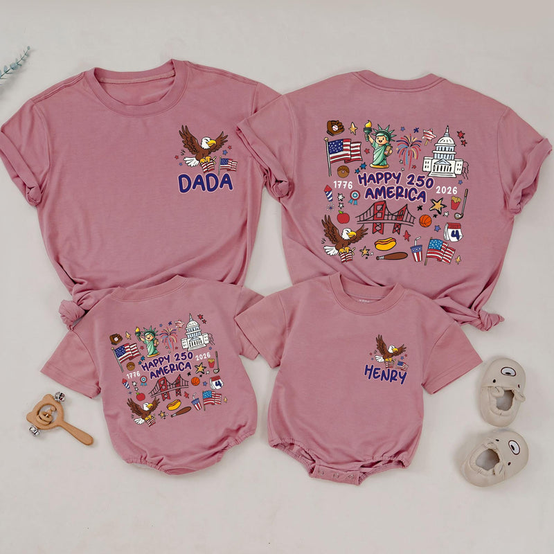 Personalized Family Matching Shirts USA 250th Anniversary Patriotic Design Dada Mama Baby Outfit Cartoon Bald Eagle American Flag Tee