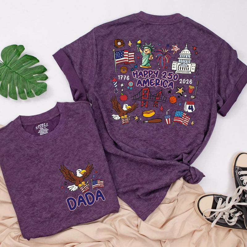 Personalized Family Matching Shirts USA 250th Anniversary Patriotic Design Dada Mama Baby Outfit Cartoon Bald Eagle American Flag Tee