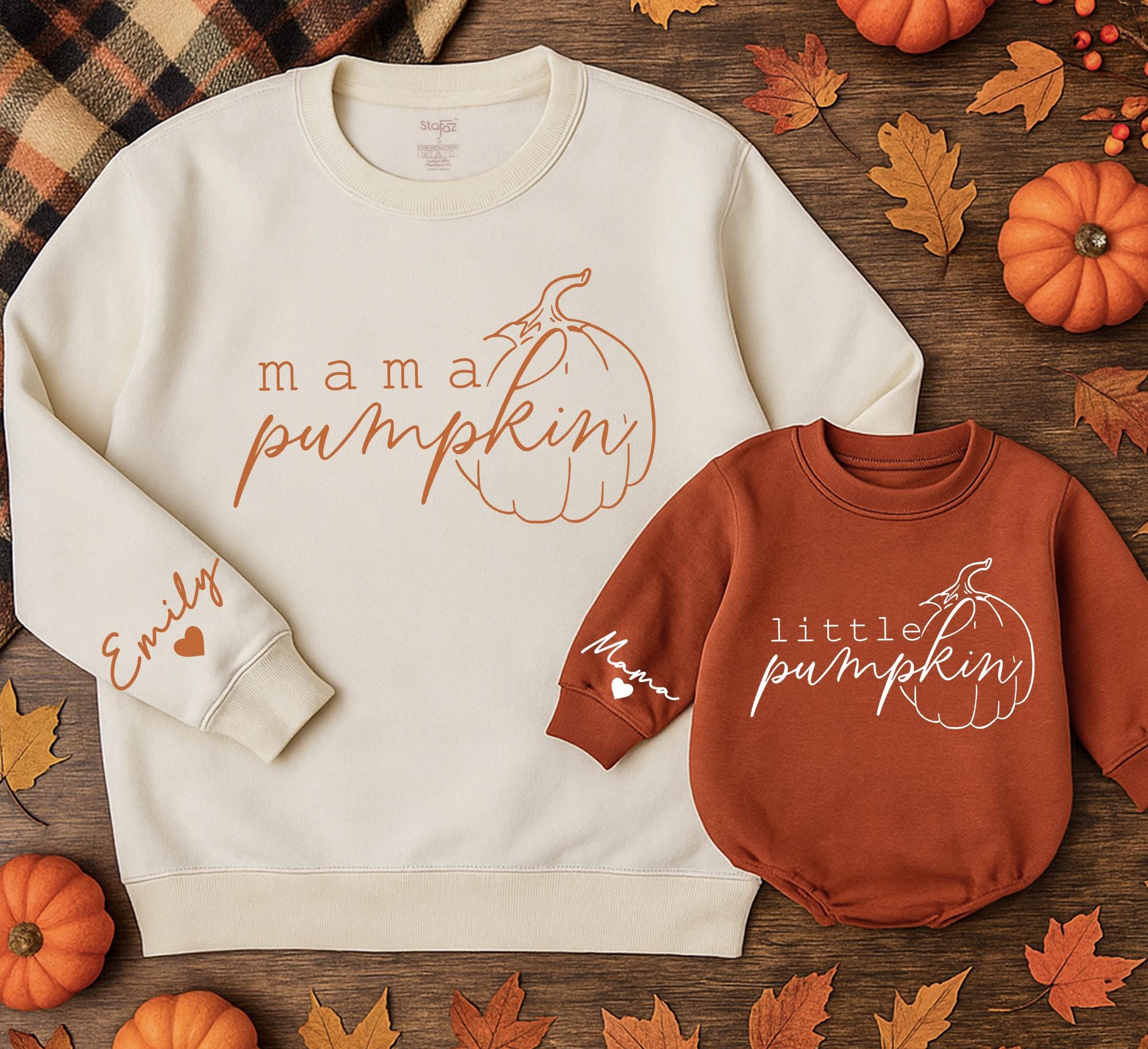 Personalized Family Pumpkin Sweatshirts Cozy Mama and Me Fall Outfits Custom Names Retro Style Perfect for Holiday Gatherings
