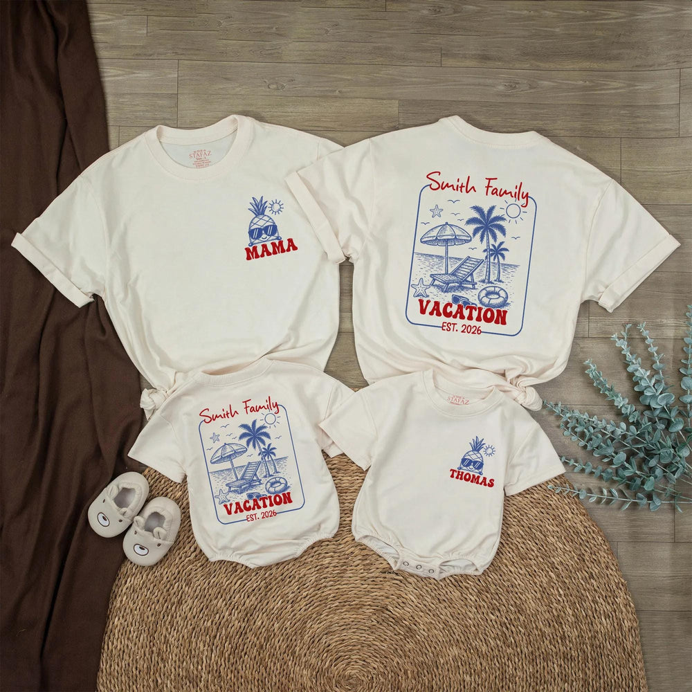 Personalized Family Vacation Baby Romper with Beach Scene Custom Name Pineapple Summer Outfit Smith Family EST. 2026 Retro Design