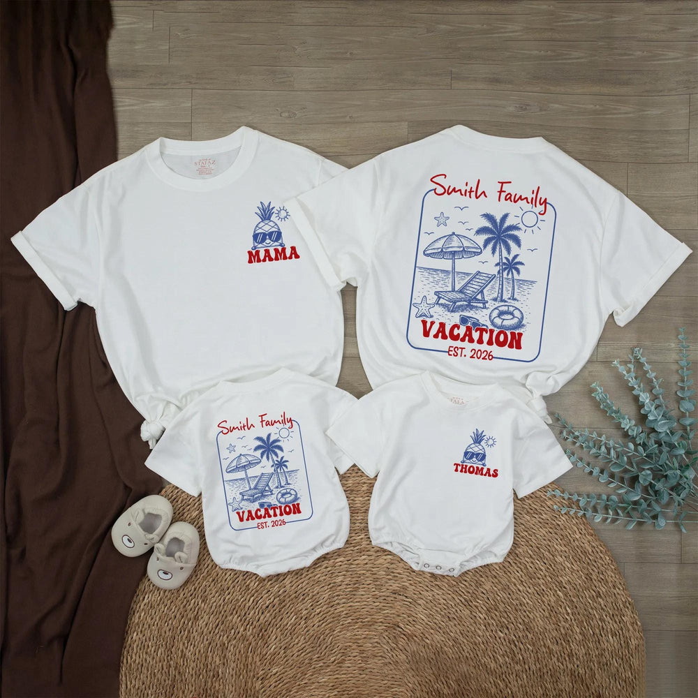 Personalized Family Vacation Baby Romper with Beach Scene Custom Name Pineapple Summer Outfit Smith Family EST. 2026 Retro Design