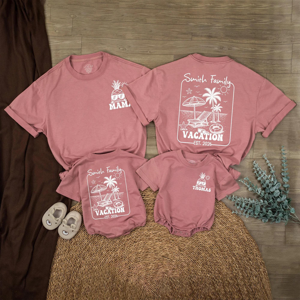 Personalized Family Vacation Baby Romper with Beach Scene Custom Name Pineapple Summer Outfit Smith Family EST. 2026 Retro Design