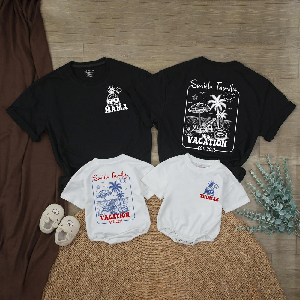 Personalized Family Vacation Baby Romper with Beach Scene Custom Name Pineapple Summer Outfit Smith Family EST. 2026 Retro Design