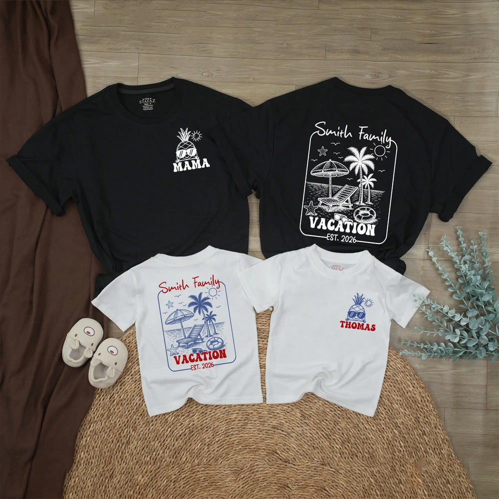Personalized Family Vacation Baby Romper with Beach Scene Custom Name Pineapple Summer Outfit Smith Family EST. 2026 Retro Design