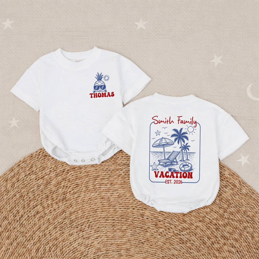 Personalized Family Vacation Baby Romper with Beach Scene Custom Name Pineapple Summer Outfit Smith Family EST. 2026 Retro Design