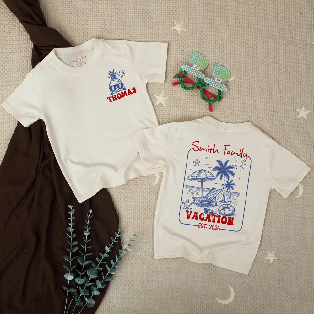 Personalized Family Vacation Baby Romper with Beach Scene Custom Name Pineapple Summer Outfit Smith Family EST. 2026 Retro Design