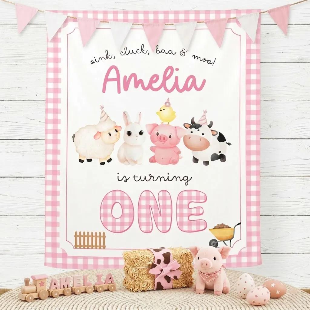 Personalized Farm 1st Birthday Banner for Baby Girl, Pink Gingham Barnyard Party Backdrop with Adorable Animals and Festive Party Hats