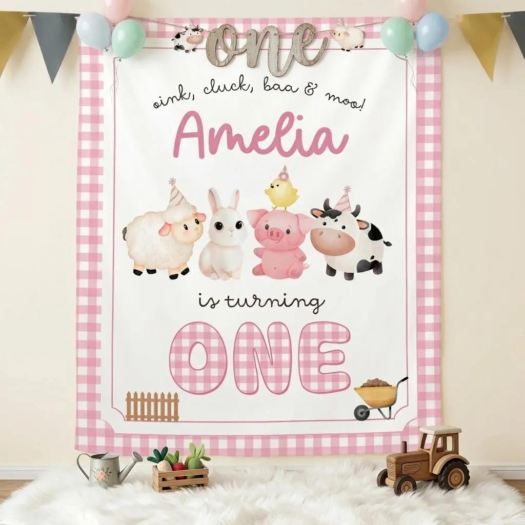 Personalized Farm 1st Birthday Banner for Baby Girl, Pink Gingham Barnyard Party Backdrop with Adorable Animals and Festive Party Hats