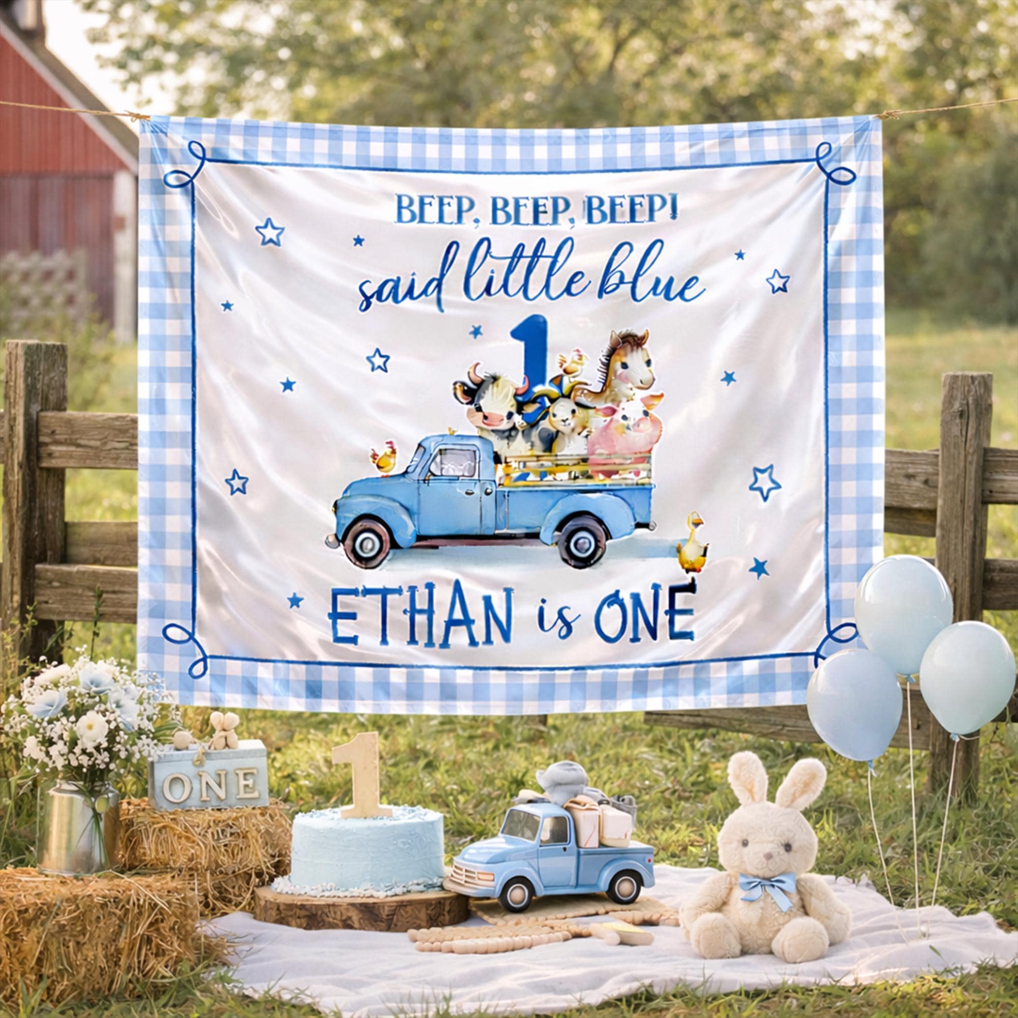 Personalized Farm Animal 1st Birthday Banner with Blue Truck Design Custom Name Party Backdrop for Baby Boy Rustic Storybook Theme