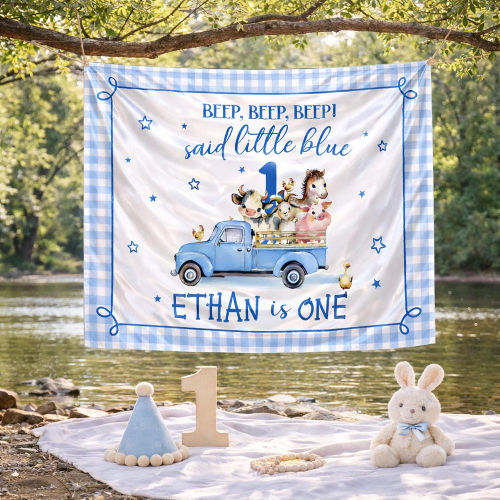 Personalized Farm Animal 1st Birthday Banner with Blue Truck Design Custom Name Party Backdrop for Baby Boy Rustic Storybook Theme