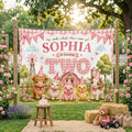 Personalized Farm Animal Birthday Banner for Girls Turning Two, Pink Gingham Silk Backdrop with Child's Name, Perfect Party Decoration
